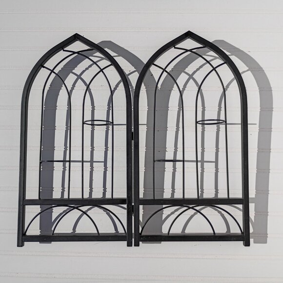 Cathedral Window Votive Candle Holders Gothic Black Wrought Iron Pair Arched Vtg - Picture 11 of 16